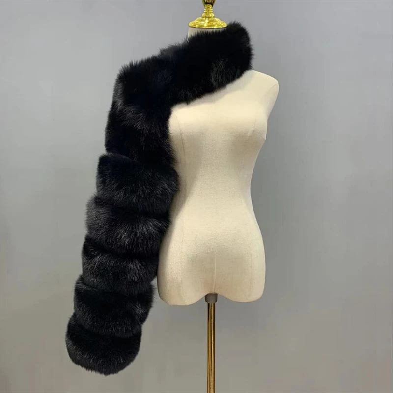 Abrigo corto de piel de zorro sintética para mujer, chaqueta cálida de visón, manga larga, un hombro, Top peludo, moda de invierno, alta calidad, 2023