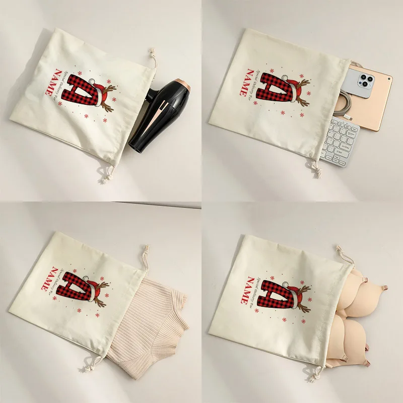 Custom Name Christmas Santa Sack 26 Red Plaid Letter Canvas Drawstring Gift Bag Reindeer Antler Monogram Xmas Present Storage