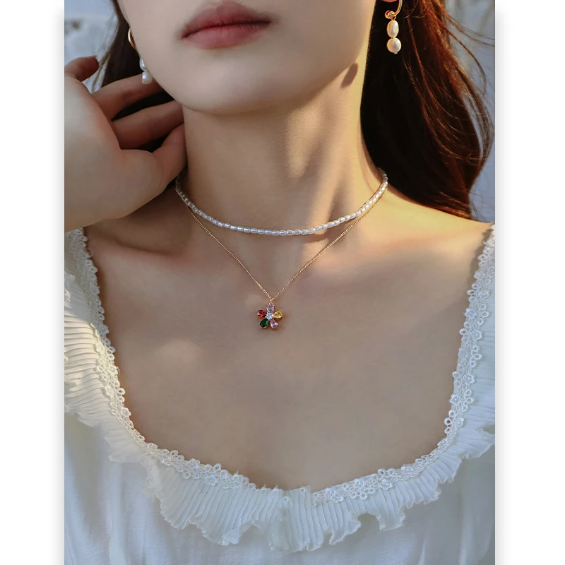 Eetit High-Grade Colorful Glass Zircon Flower Imitation Pearls Beads Chain Double Layered Pendant Necklace Fashion Jewelry Femme