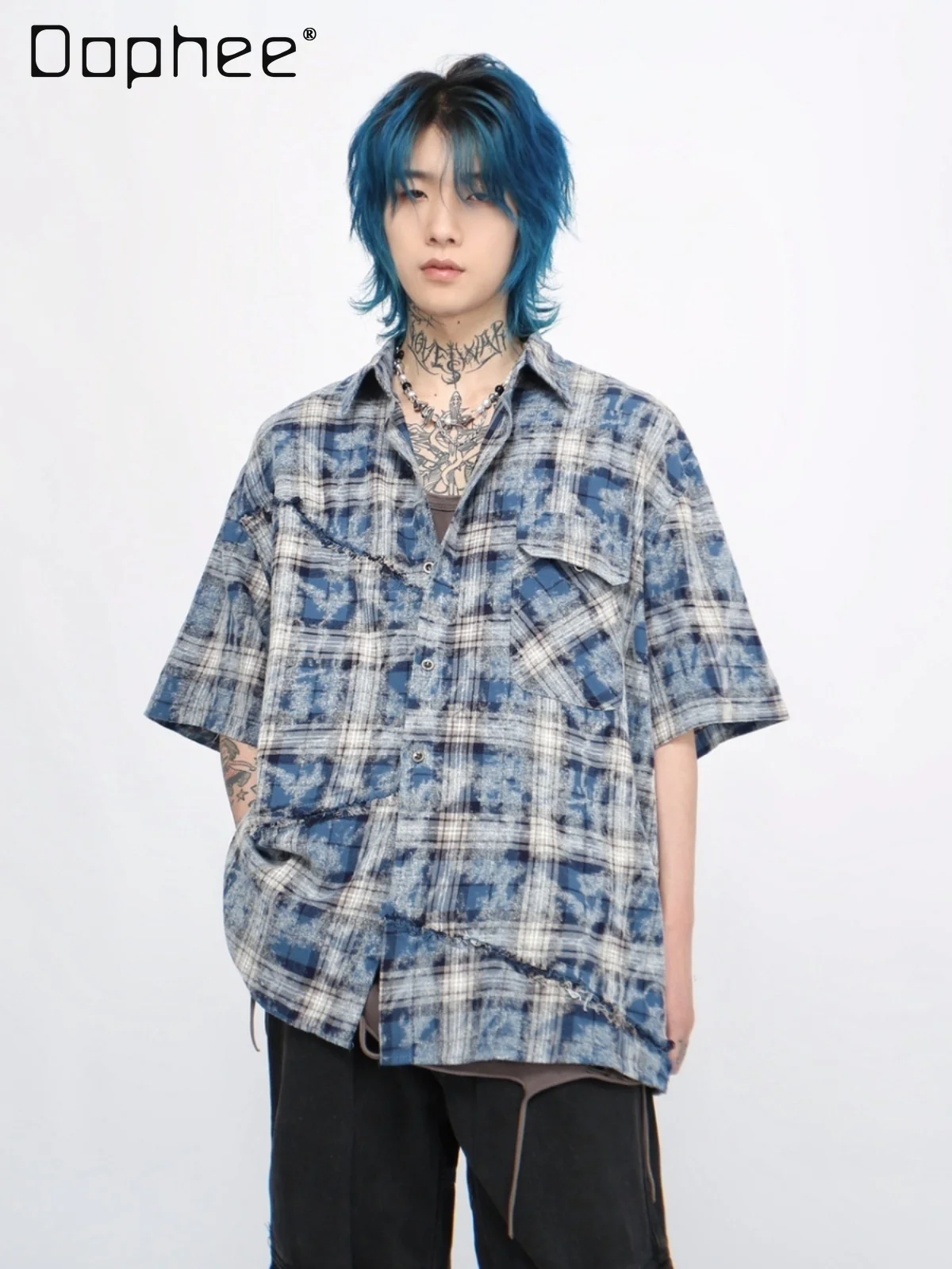 

Лето 2022, американская уличная лоскутная синяя клетчатая рубашка с коротким рукавом в американском стиле High Street, мужская однобортная свободная повседневная рубашка