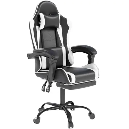 Gaming Chair with Headrest and Lumbar Support, White | Ergonomic High Back Office Chair, Racing Style Executive