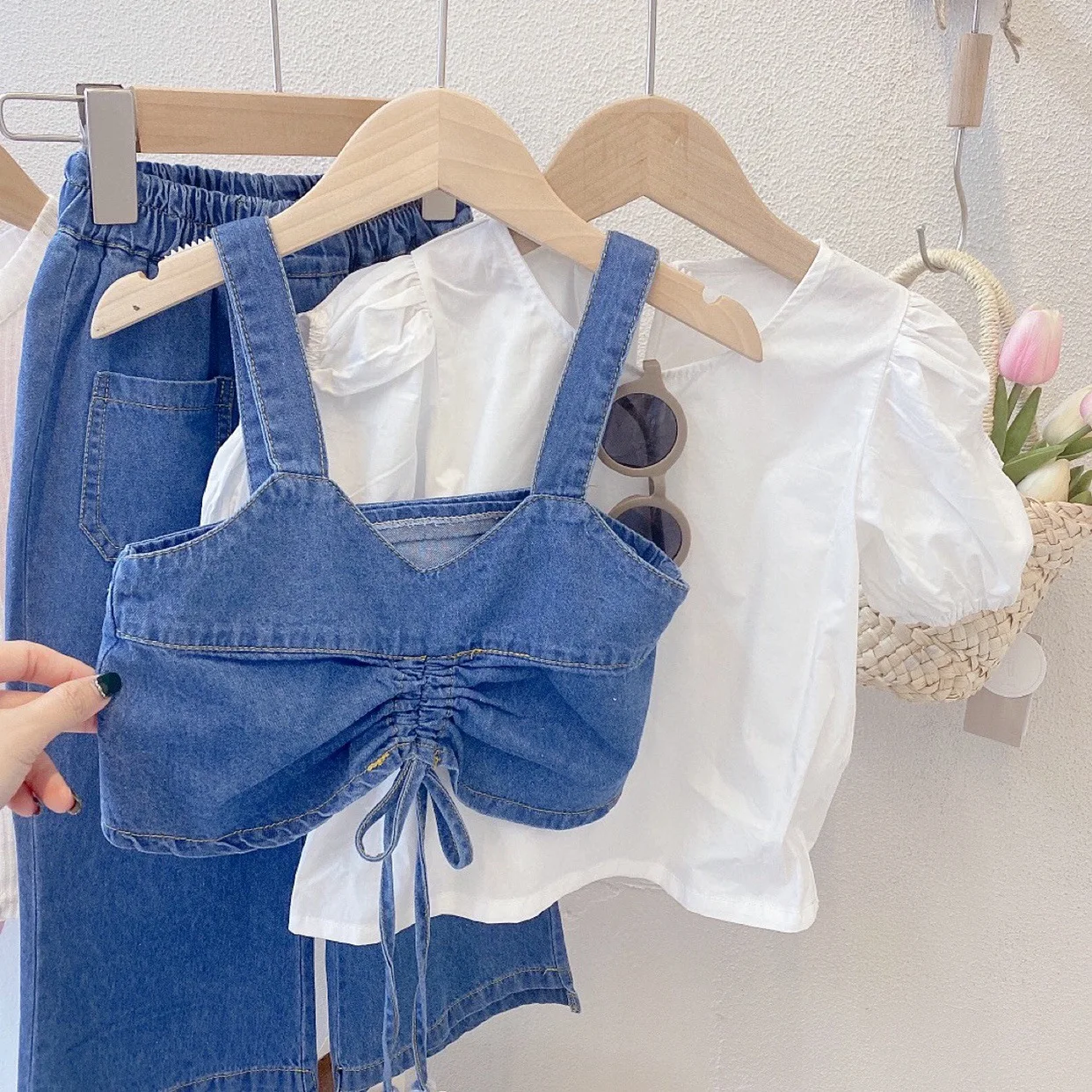 Summer Children\'S Girls\' Clothing Sets Denim Suspenders +Short Sleeve+Wide Leg Pants 3Pcs Fashion Baby Kids Clothes Suit