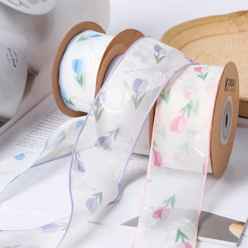 Tulip Printing Chiffon Jacquard Ribbon Diy Bow Hair Accessories Flower Cake Gift Packaging Pet Supplies 25mm 40mm