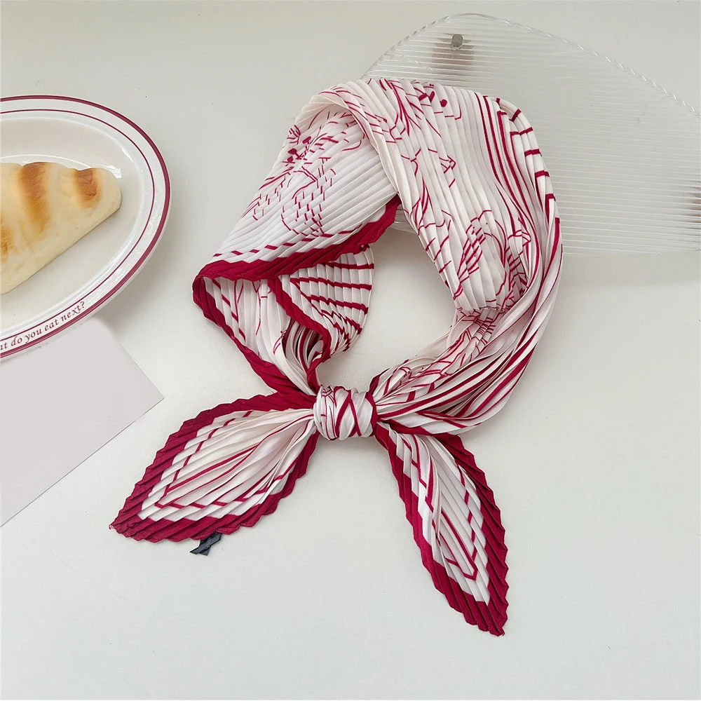 Square Scarf Silk Scarf Printed Headband Pleated Decor Women Neckerchief Hair Bands Elegant Neck Scarf Headscarf Bandana Party