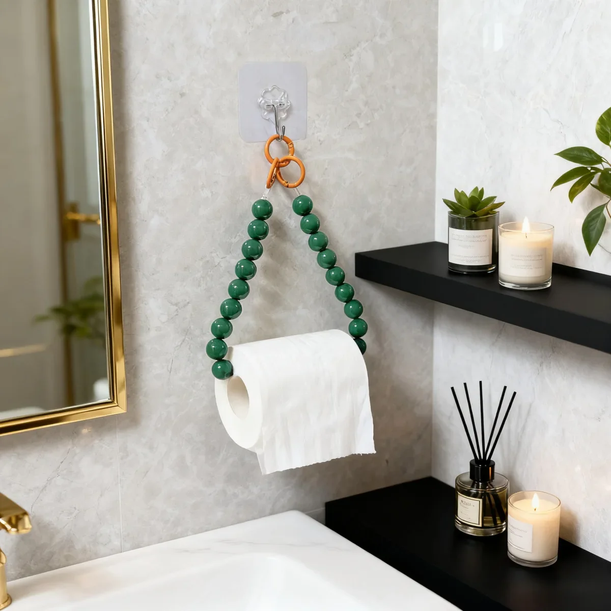 1PC Cute Acrylic Bead Paper Towel Holder, No Drill Pearl Toilet Roll Storage Rack for Bathroom