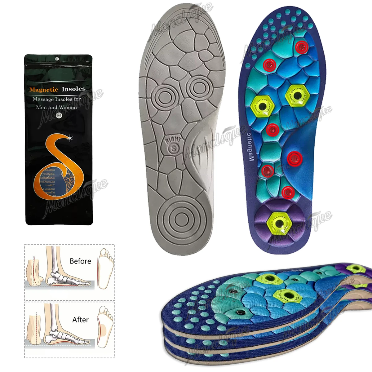 Fußgewölbestütze Akupunktur-Einlegesohle Magnettherapie Massage-Fußpolster Orthopädische Einlagen Rutschfeste Innensohle Entspannung der Plantarmuskulatur – Detail 1