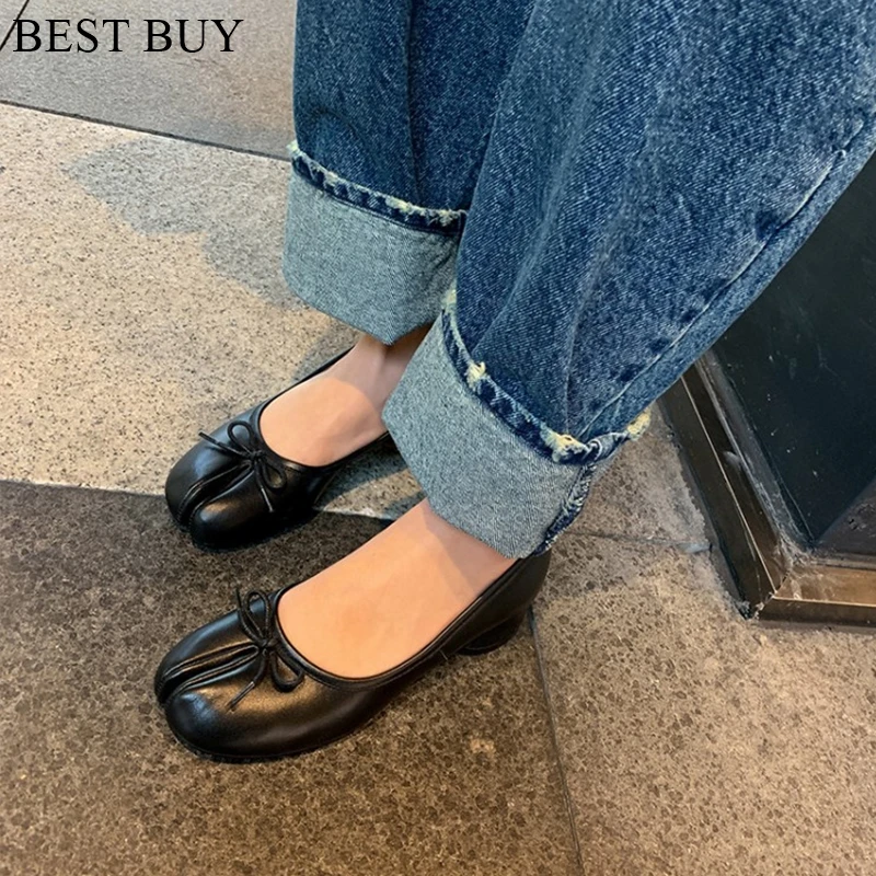 size 35-43 Split Toe Shoes Ballet Flats Plus Size 43 Women Mary Janes Low Heel Black Genuine Leather Ballerinas Zapatos Mujer