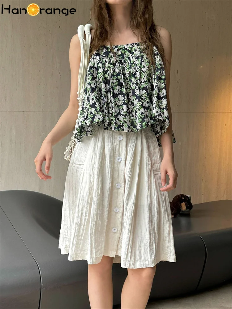 HanOrange 2024 Summer Romantic Single Breasted Elastic Waist Skirt Light Floral A-line Mid Skirt White/Pink