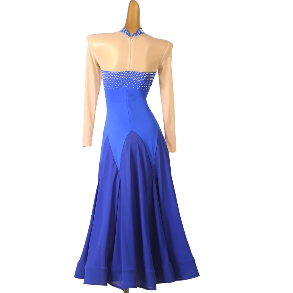Modern Dance Waltz dress 2025 New Rhinestone Royal Blue Elegant Party Long Sleeve Women Luxury Ballroom Practice Dress