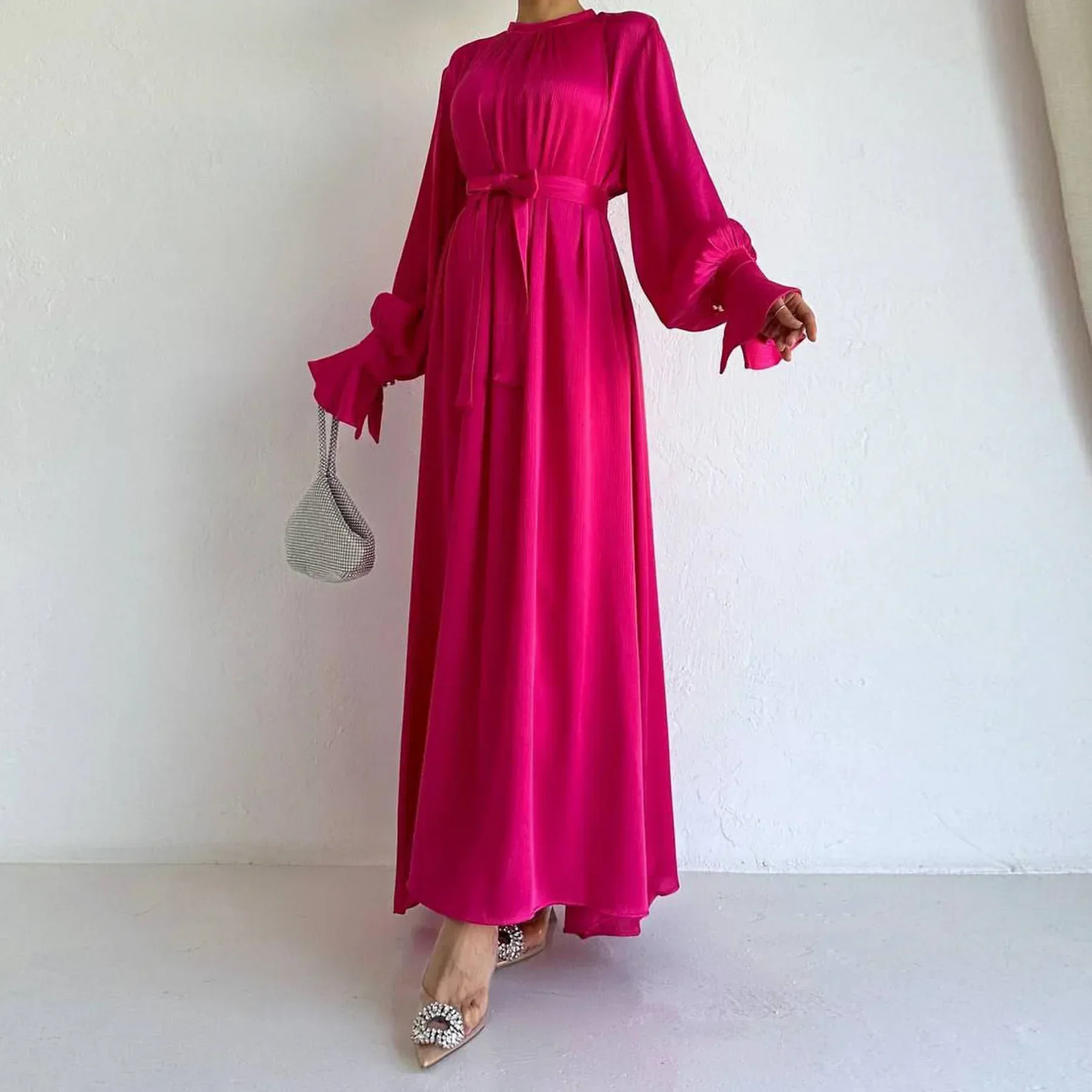 

Eid Satin Abaya Muslim Dress for Women Arabic Abayas Dubai Luxury Ruffle Sleeve Turkish Long Dresses Kaftan Robe Islamic Clothes