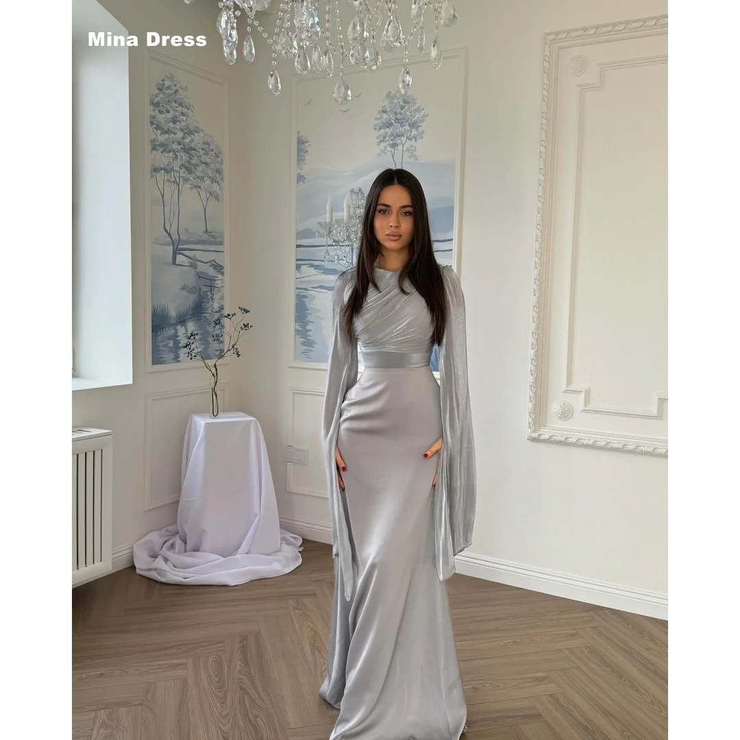 

Mina Customized Light Gray Elegant Chic Woman Evening Dress Long Sleeves Luxurious Evening Dresses Brands Crew Neck Party Prom