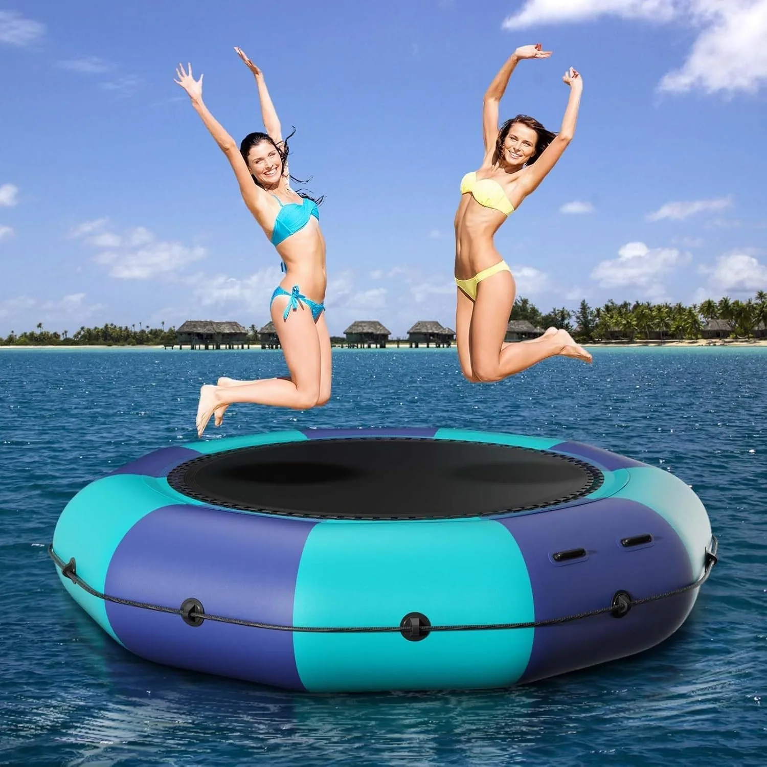 Inflatable Water Trampoline for Lake, Recreational Floating Water Bouncer with 500W Electric Inflator & Rope Ladder