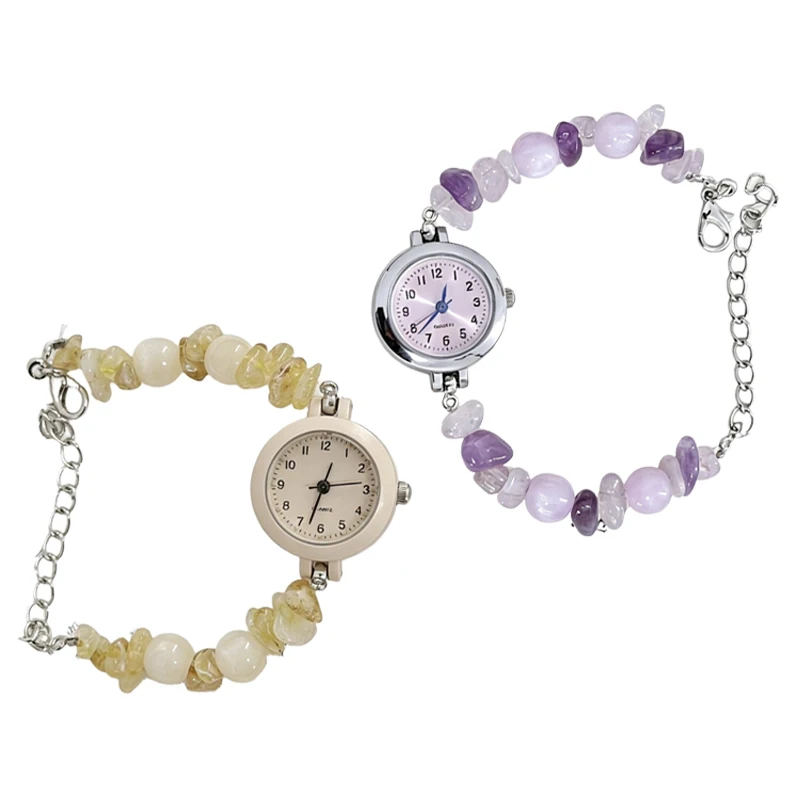 Elegant Gemstone Beaded Watch for Women Fresh Student Style Simple Quartz Ladies Adjustable Comfortable Female Wristwatch