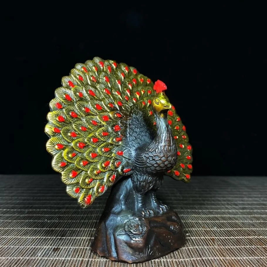 

5.5"Chinese Collection Pure Copper Gilt Painted Peacock Open Screen Antique