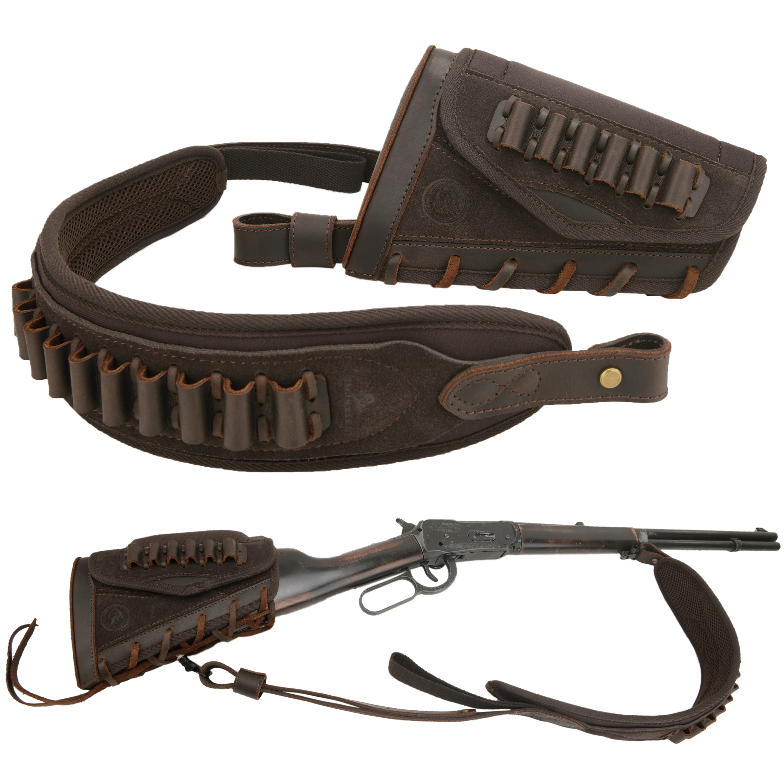 

1 Combo Padded Leather Rifle and Shotgun Buttstock Cheek Rest Riser Pad Cover + Matched Shoulder Sling .22LR .30/30 .308 12GA