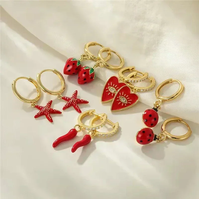 925 Sterling Silver Needle Cute Red Enamel Drip Glue Pendant Hoop Earrings For Women Strawberry/Chili/Star Gold Earrings Jewelry