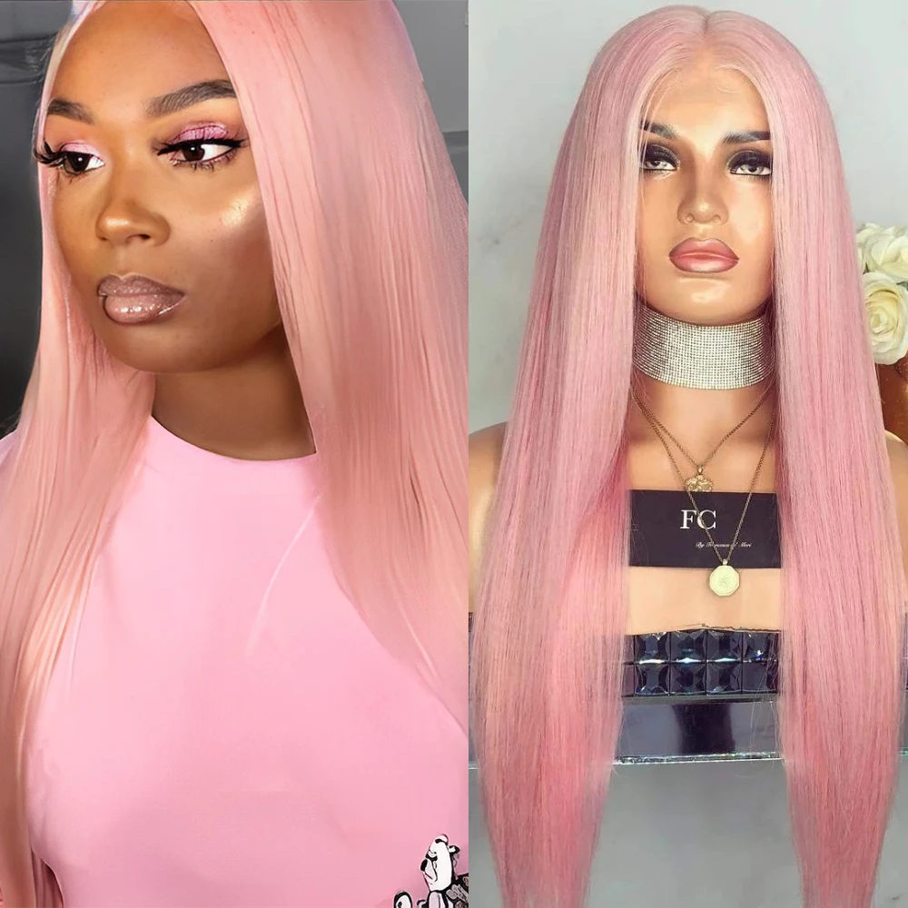 RONGDUOYI Long Silk Straight Pink Hair Middle Part Synthetic Wig Natural Hairline Fiber Lace Front Wigs Women Use Cosplay Makeup