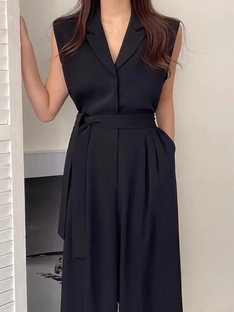 High End Black Suit Collar Jumpsuit For Women\'S Summer, New Lace Up Waist Slimming, Sleeveless Wide Leg Jumpsuit