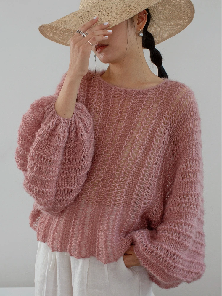 

Spring New Hand Knitted Camere Women's Loose Lazy Top Soft Batwing Sve Pink Casual Sle Knitted Wool Sweater