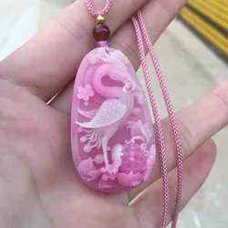 Natural Peach Blossom Jade Protein Stone Super Immortal Palace Wind Crane Sweater Chain Pendant
