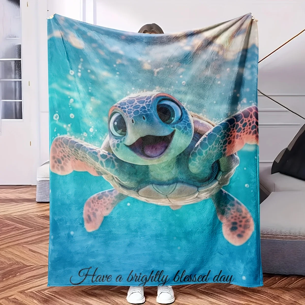Sea Turtle Ocean Print Throw Blanket Cute Nautical Aquarium Design Cozy Tropical Beach Fleece Decor for Sofa Bed Gift