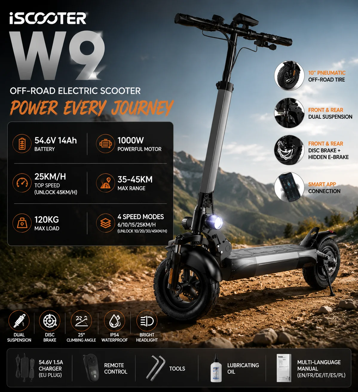 ISCOOTER W9 Elektroroller, 1000W Motor, 54,6V 14Ah Akku, 45km Reichweite, 4 Geschwindigkeiten (25km/h), Doppelfederung, Scheibenbremsen