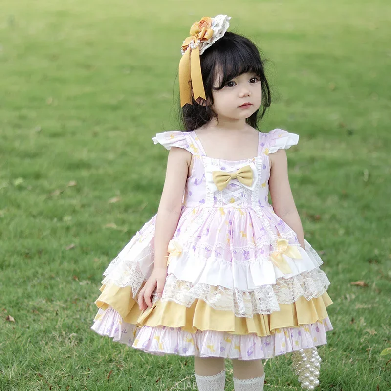

Одежда для девочек-подростков, милый повседневный наряд принцессы Лолиты для малышей, новое летнее платье, джемпер без рукавов с цветочным принтом, детское праздничное платье для девочек