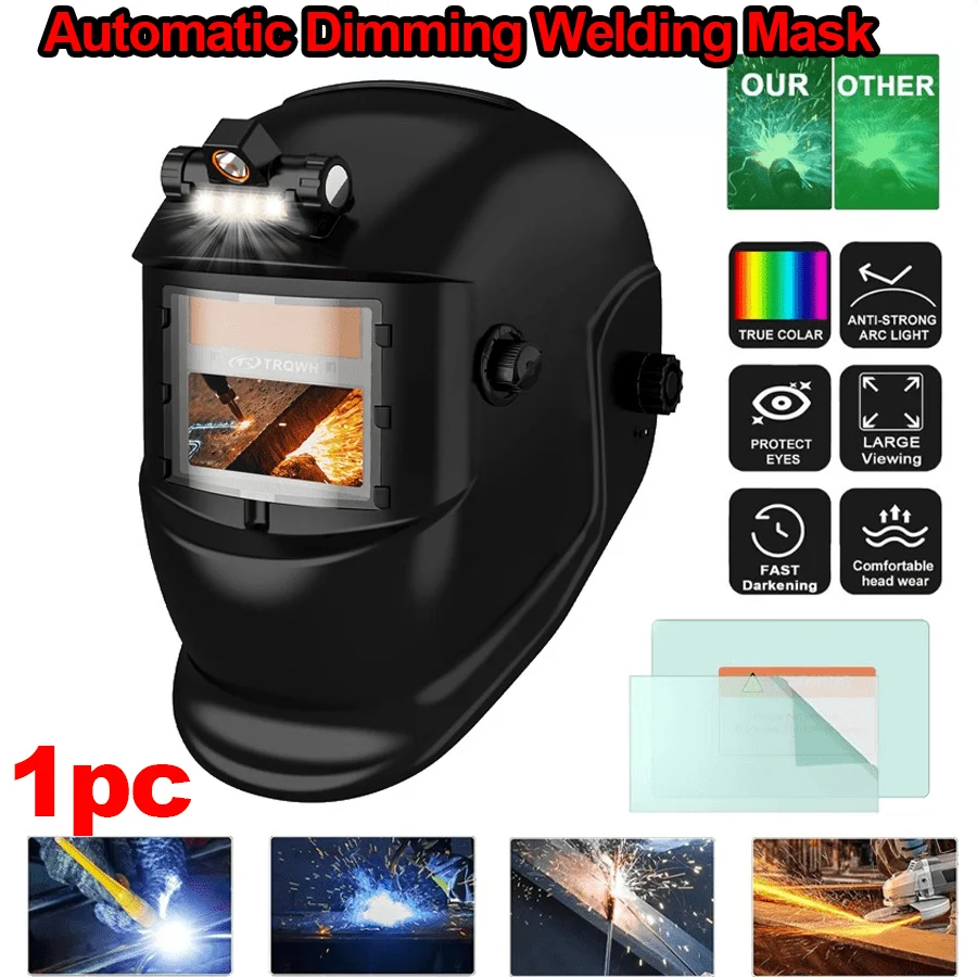 1pc Large Viewing Area Solar-Powered High-Impact PP Welding Helmet, Professional Matte Black Full-Face Welding Mask With LED Work Light, True Color Lens & 2 Arc Sensors, Auto Darkening Shade 4/9-13, Ideal For TIG MIG ARC Welding, Metal Fabrication