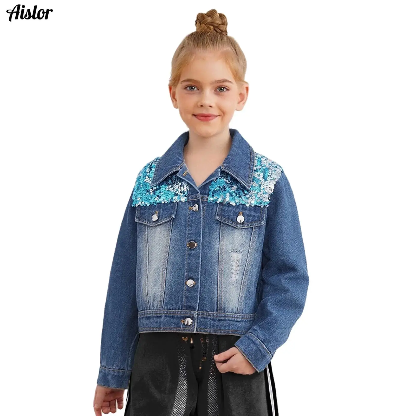 

Kids Girls Denim Jacket Coat Turn-Down Collar Long Sleeve Buttons Shiny Sequins Ripped Overcoat Outerwear with Fake Pockets