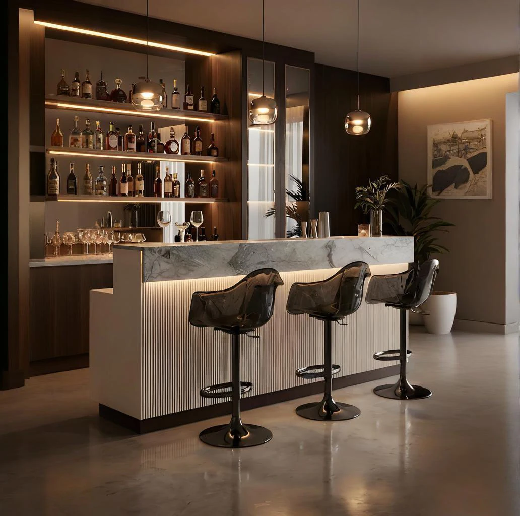 Modern Commercial Bar Counter With Stone Top, LED Light Wine Rack Cabinet, Custom Pub Restaurant Bar Furniture For Wine Bar
