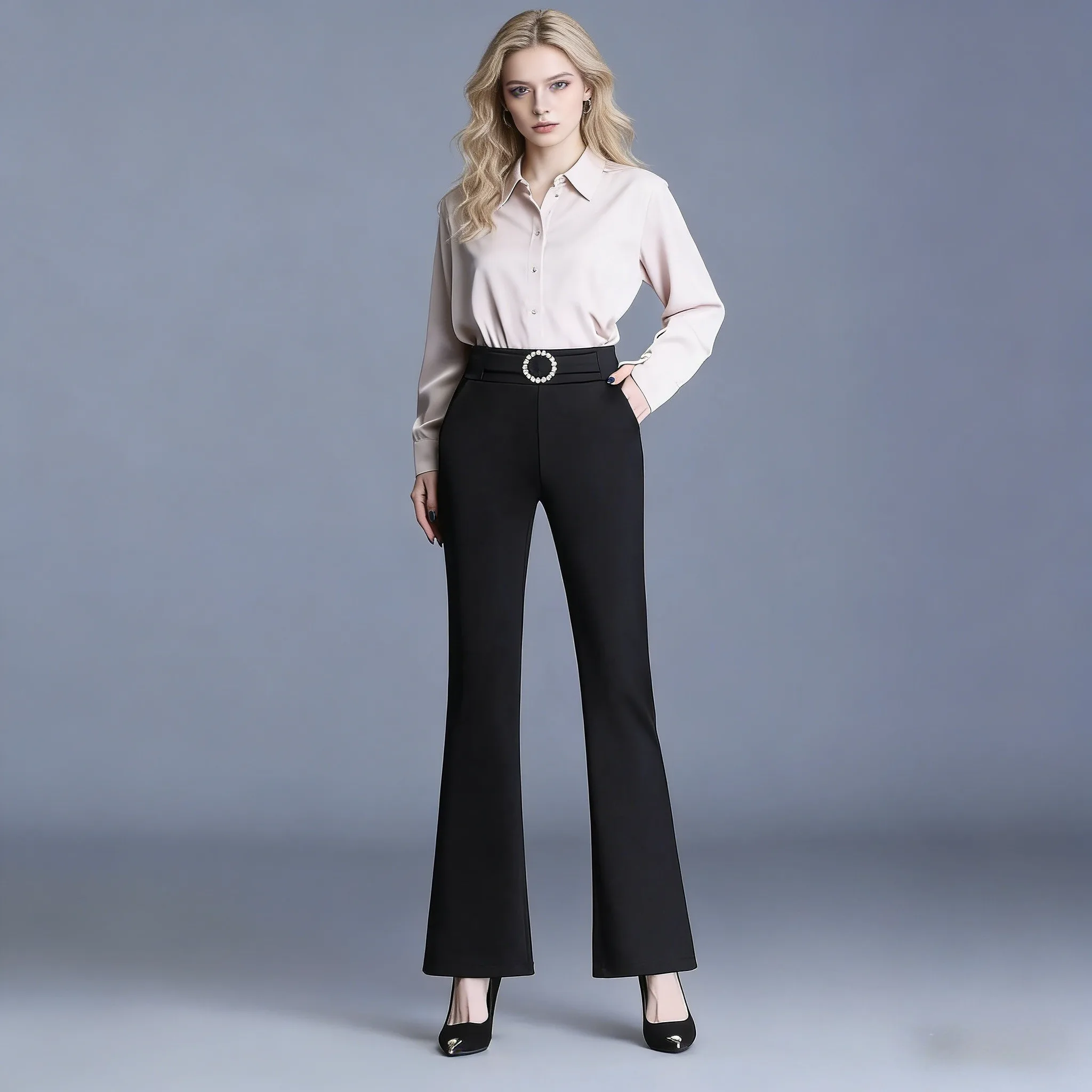 

Drapey Summer Women's Pants Stylish Black Elastic Waist Slim Suit Bell Bottoms for Women Versatile Casual Clothing