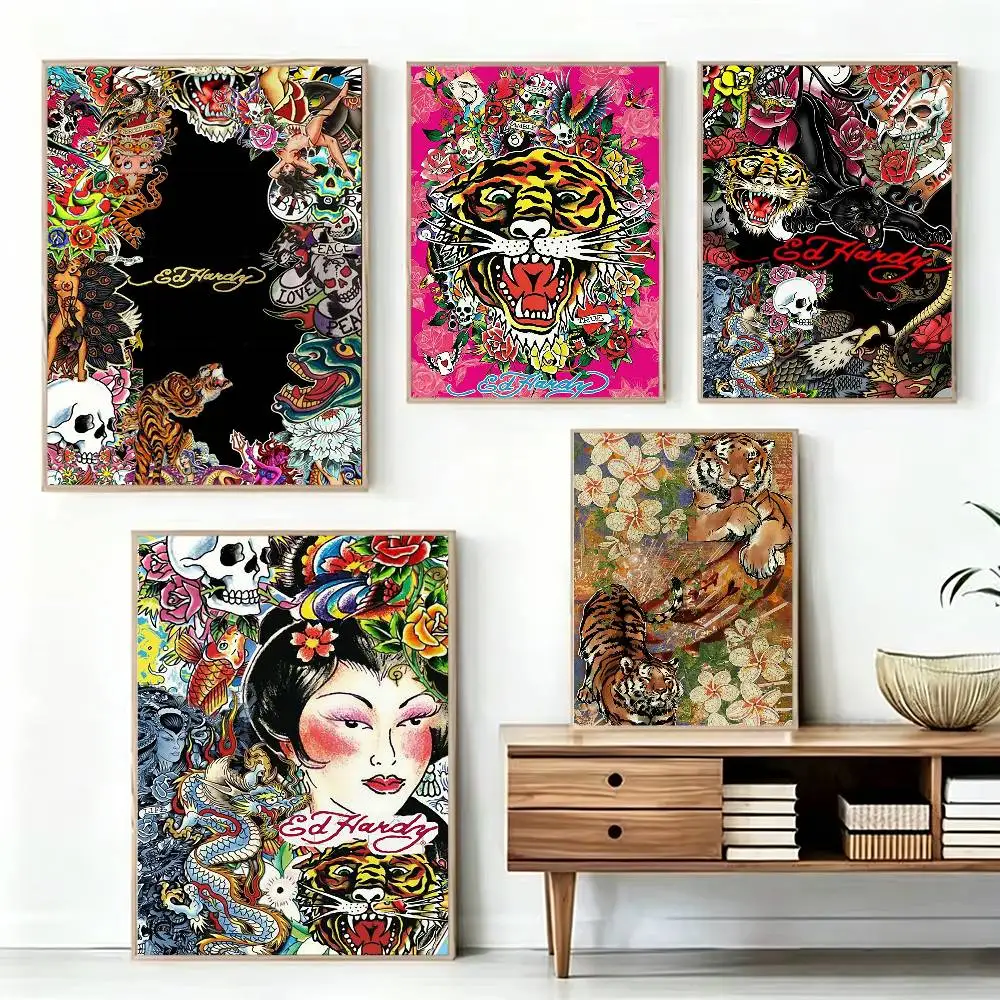 

E-Ed Hardy Tiger Brands Poster High Quality Dorm Living Room Aesthetic Wall Decoration Painting Stickers Gift