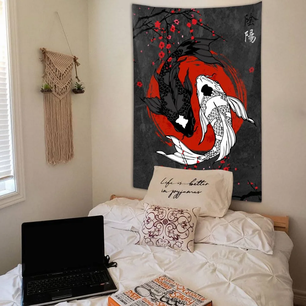 VIKAMA Japanese Yin-Yang Koi Carp Tapestry Cherry Blossom Art Bedroom Living Room Office Tapestry Home Decoration