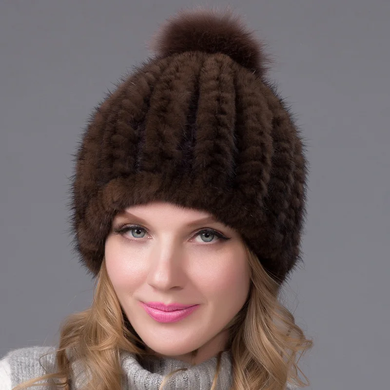 

High Quality Mink Fur Knitted Fur Hat Fashionable Versatile Pineapple Mink Fur Hat for Women Thickened Encrypted Fox Fur Hat