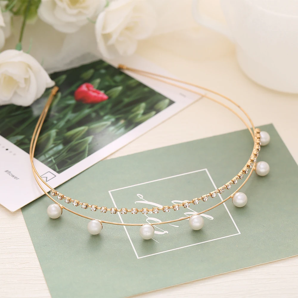 Layered Pearl Crystal Rhinestone Metal Headbands for Women Girl Fashion Wave Crown Head Hoop Headwear Hairband Hair Accessories