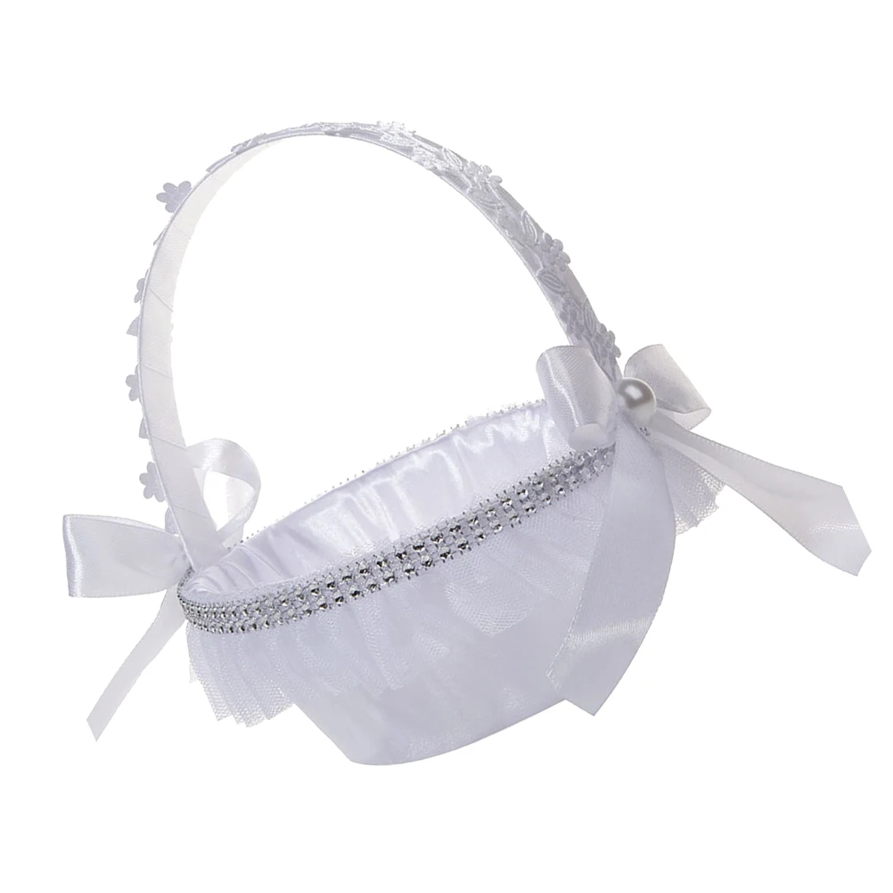 

Pearl Bowknot Flower Wedding Party Basket Crystal Decor White Lightweight Portable Rose Petal Basket Elegant