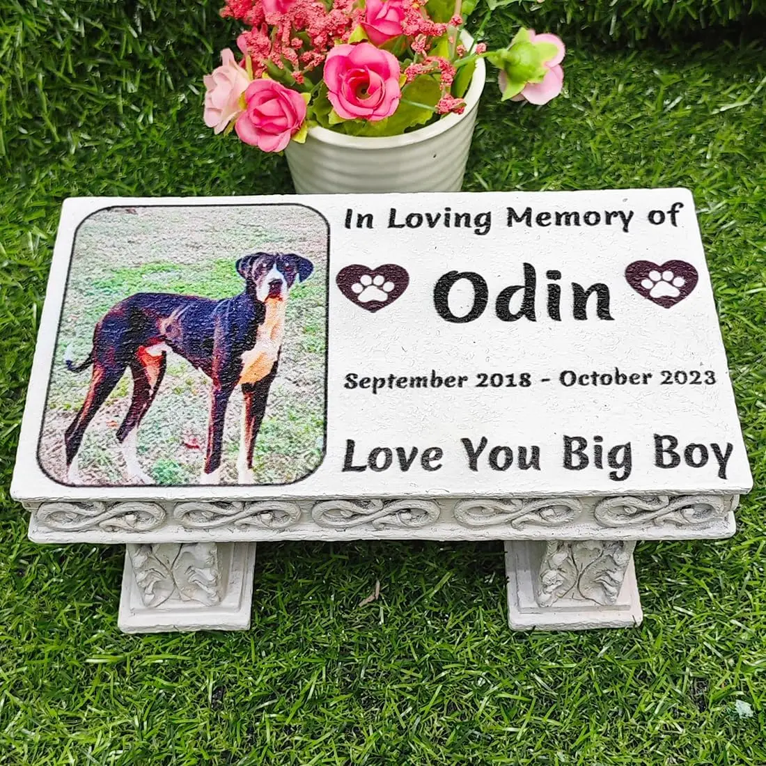 Personalized Memorial Bench for Pet Human, Custom Pet Memorial Stone with Colorful Photo, Pet Grave Marker Dog Cat Headstone (I)