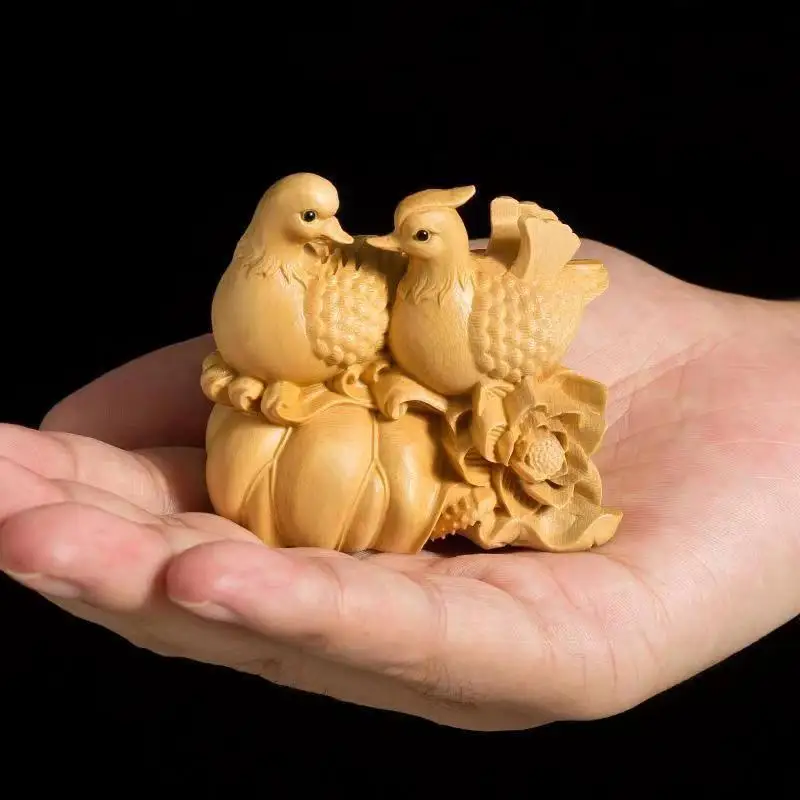 

Poplar Wood Carving Hand Handle Mandarin Duck Swimming Creative Chinese Solid Wood Lovely Ornament Gift