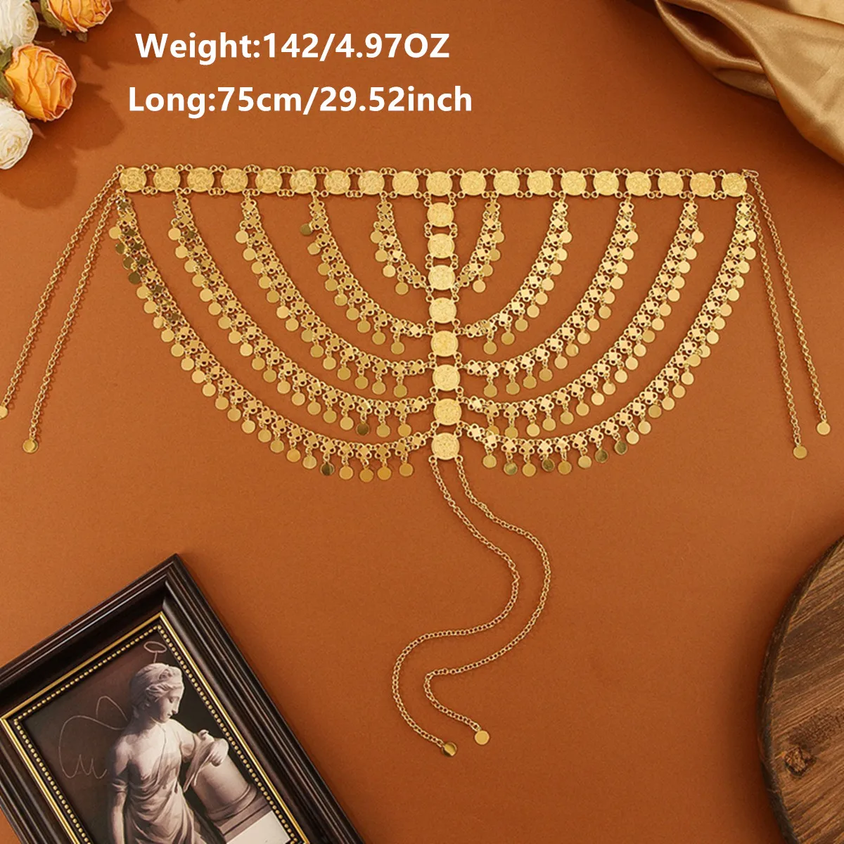 Mehrlagige, goldfarbene, glänzende, runde Pailletten, ethnisches indisches Tanzkopfschmuck, Fascinator im Bohemian-Stil, Schmuckaccessoire für Damen. – Detail 6