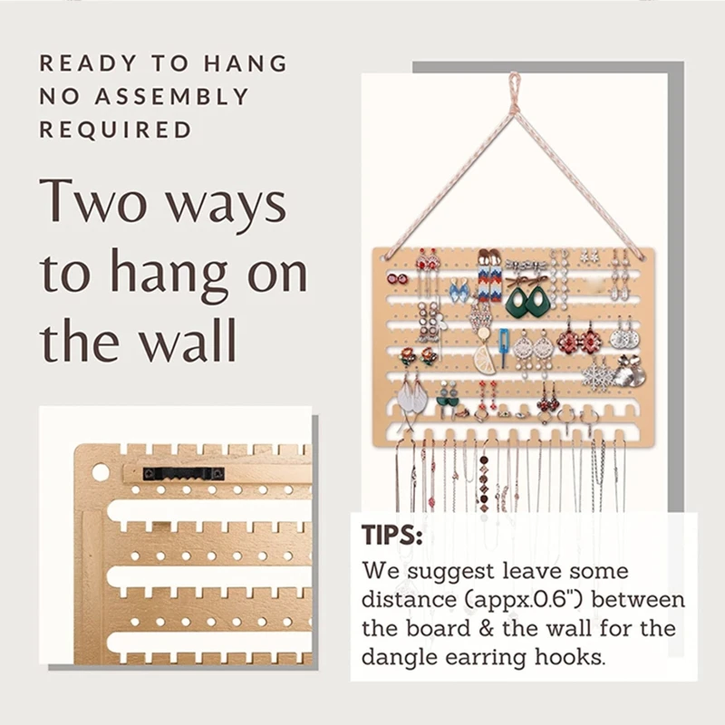 Wooden Hanging Jewelry Wall Mounted Necklace Earrings Display Stand Ear Studs Holder Storage Rack Home Decor N58F