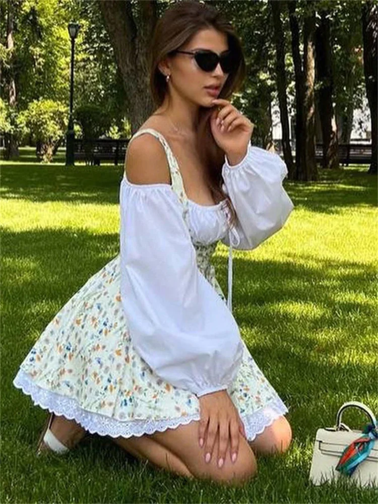 Printed Bandeau 2 Piece-Set Mini Dress Female Lace Patchwork Off-Shoulder Summer Square Collar Fashion Party Female Dress