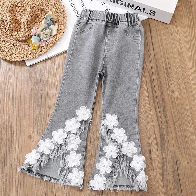 Girls Suits Spring and Autumn Children\'s New Lace Long-sleeved Shirt Pants Two-piece Set Teenage Girls Jeans Suit 3 5 8 10 13Y