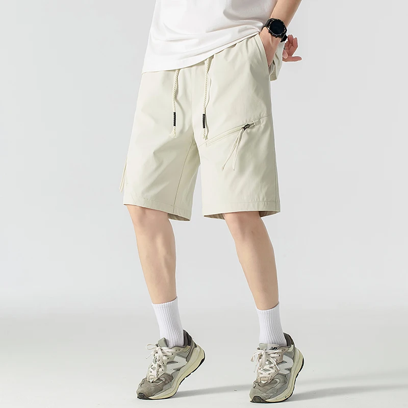 Men's Clothing Solid Color Zipper Elastic High Waisted Pockets Summer Drawstring All-match Straight Knee Pants Casual Shorts
