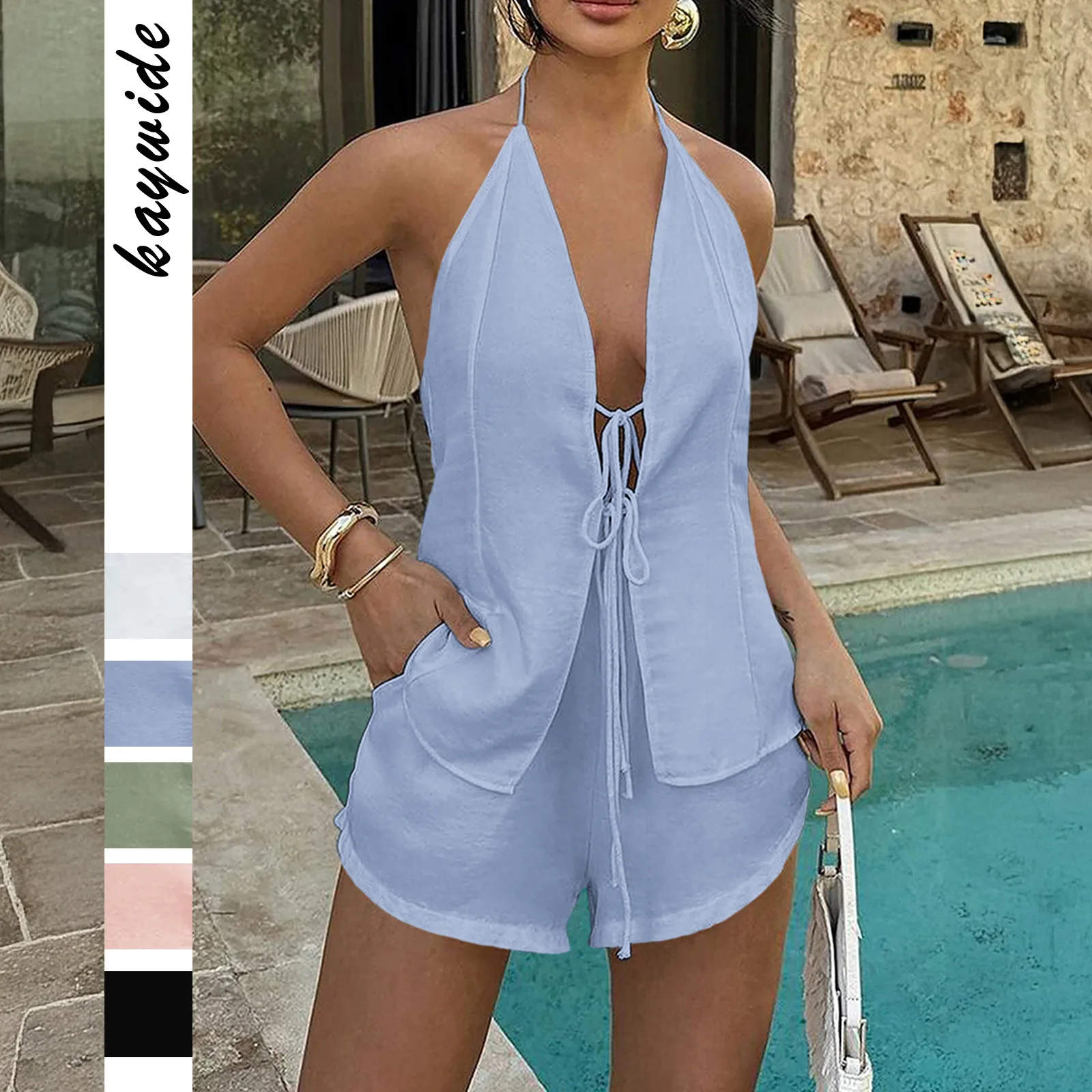 BWQ Shorts Two Piece Women Sexy Hanging Neck Lace-up Sleeveless Top Slim Shorts Set Summer Hot Girls Women Pants Set