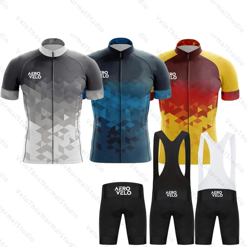 Ensemble de maillot de cyclisme d'été AERO VELO à manches courtes et short à bretelles, vêtements de sport pour le camping, la course professionnelle, le vélo, le VTT, Ropa Maillot pour hommes