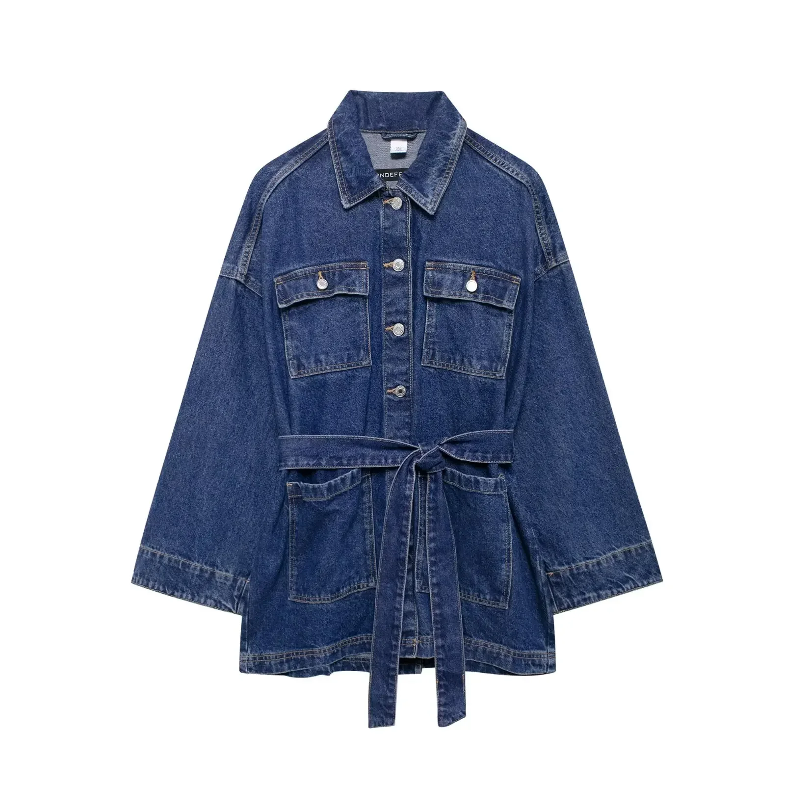 2025 European and American New Women's Solid Color Oversized Denim Jacket Jacket with Waist Strap Cinched Waist and Lapel Denim