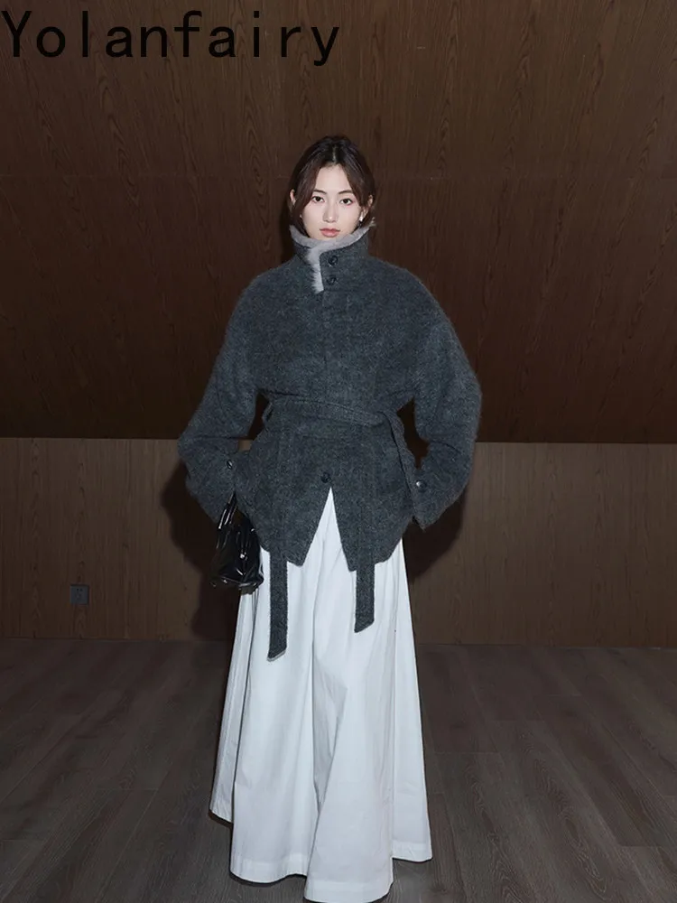 YOLANFAIRY High Quality 25%Wool Coat Women 2026 Autumn Winter Wool Mohair Blend Wool Jacket Belted High Neck Elegant Outerwear