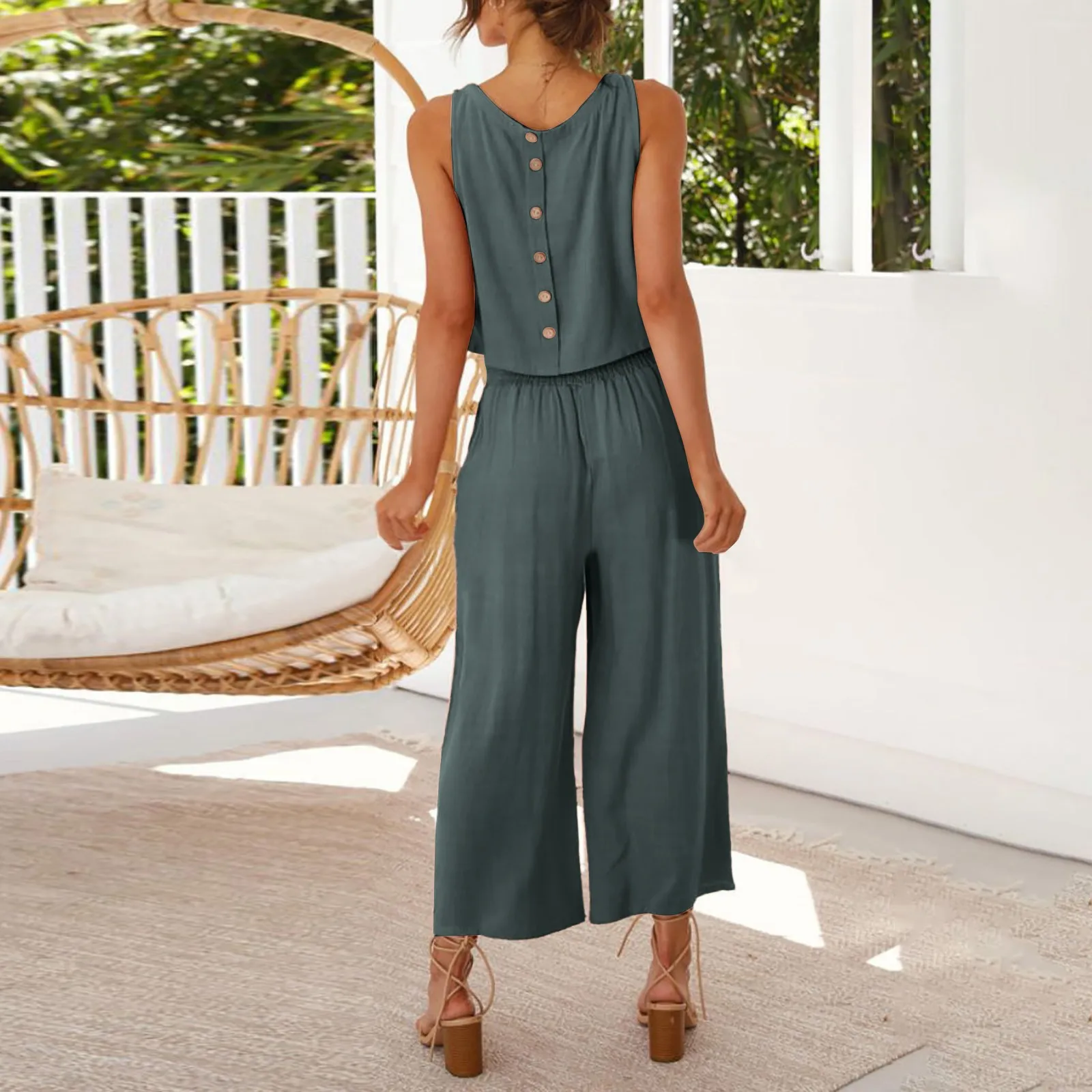 Women Summer Casual Linen 2 Piece Pants Set Solid Elegant Two Piece Suit Sleeveless Wide Leg Trouser 2024 New In Matcing Sets