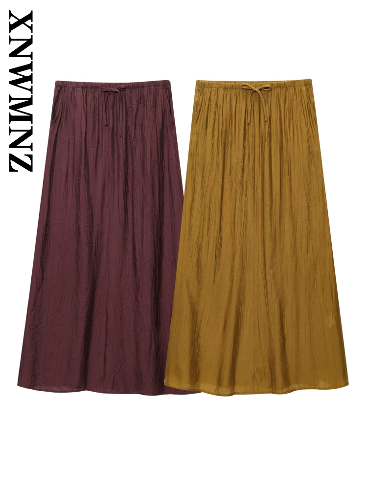 

XNWMNZ 2025 Summer New Woman Fashion Holiday tie-waist Skirt Chic Lady A-lineskirt boho midi