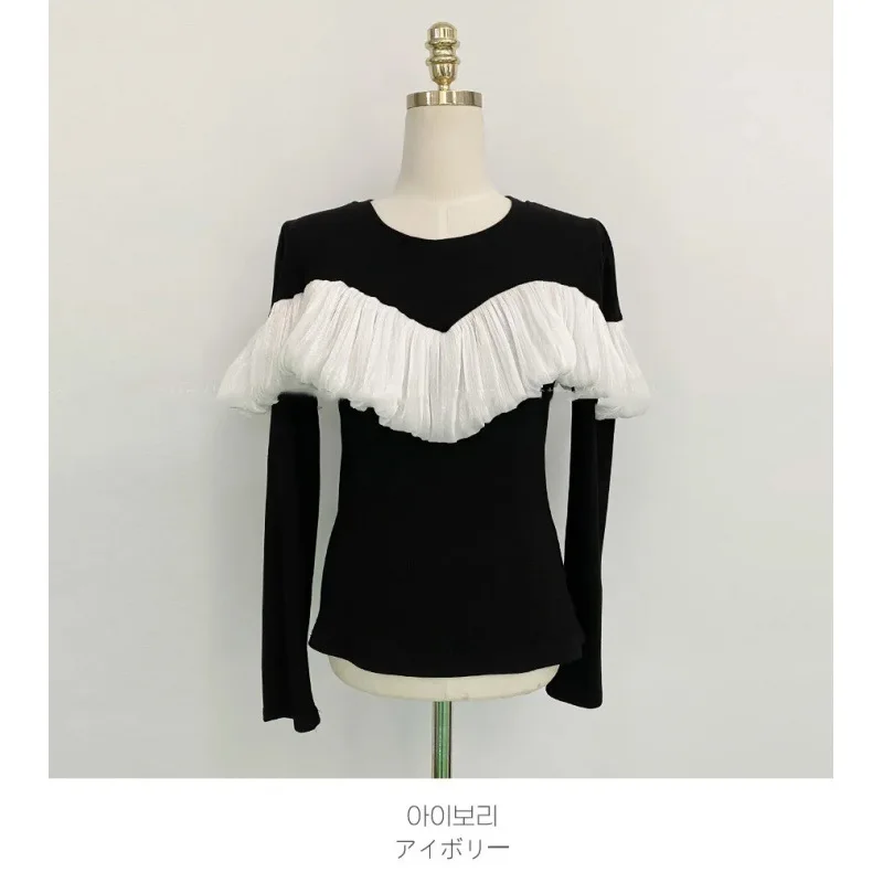 

Осенняя новая футболка с длинным рукавом, модный хитовый цвет с рюшами, шикарный топ 2025 года